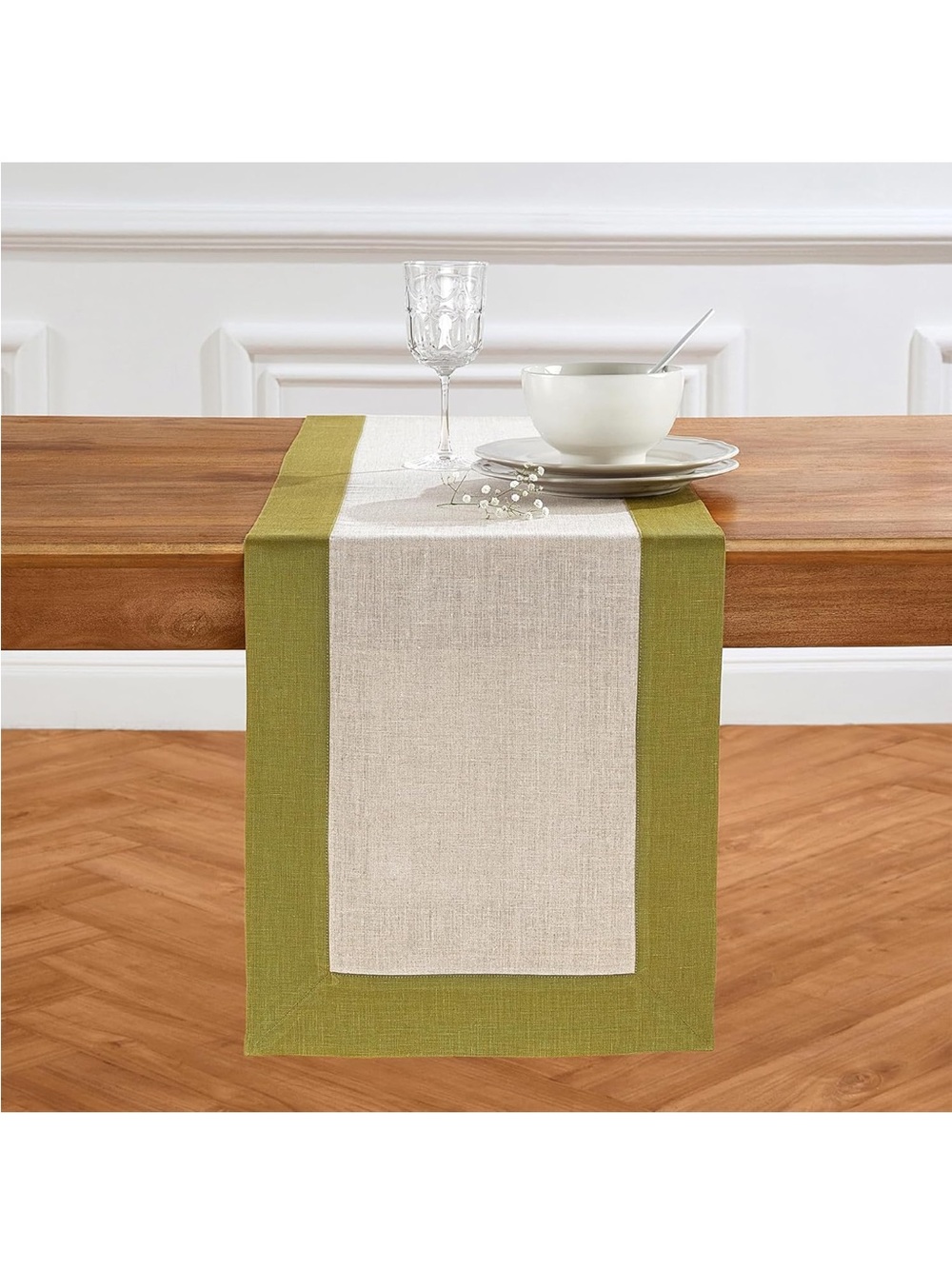 NEW Solino Home 100% Pure Linen Table Runner 108”Long. Avocado Green/White.